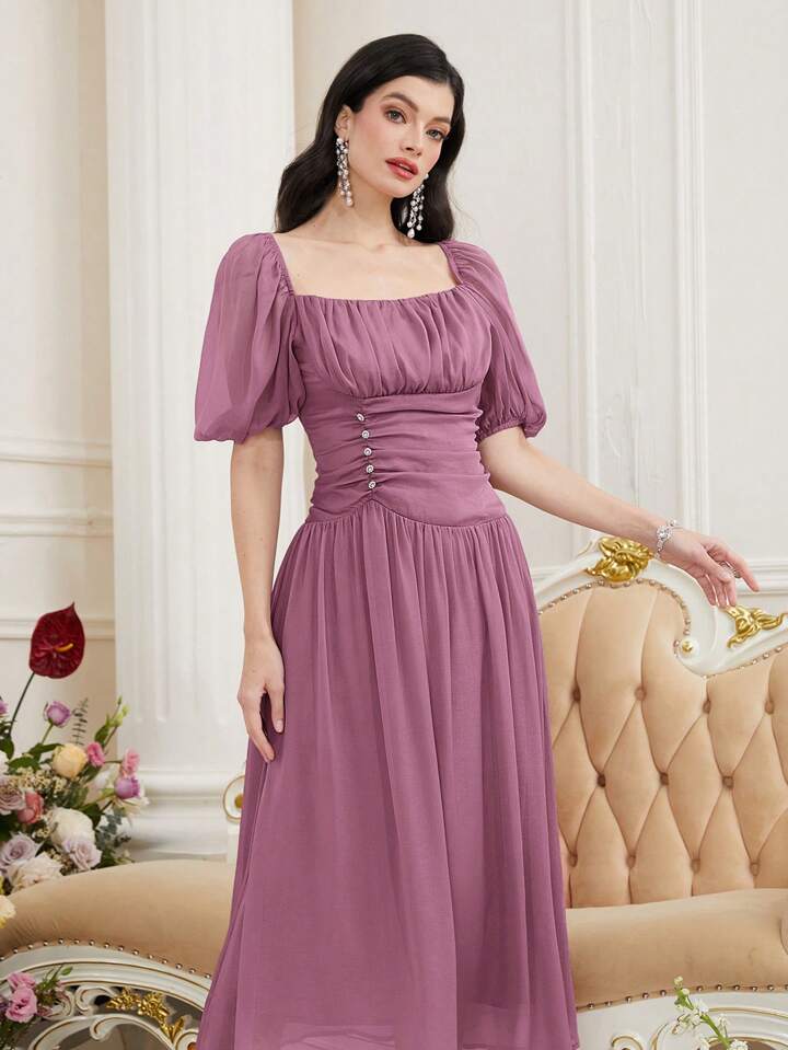 CM-DS785447 Women Elegant Seoul Style Square Neck Short Puff Sleeve Pleated Dress