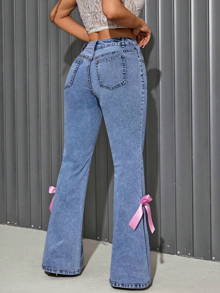 CM-BS260072 Women Casual Seoul Style Cute Bow Accent Skinny Flared Leg Jeans - Blue