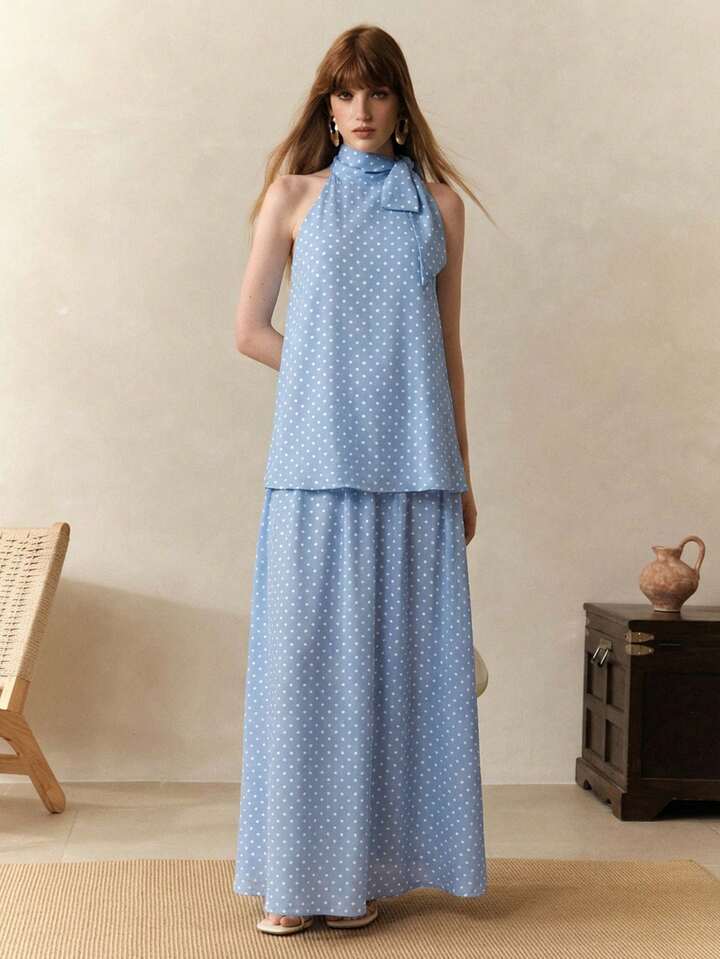 CM-SS109547 Women Trendy Bohemian Style Chiffon Polka Dot Print Sleeveless Halter Neck Top With Skirt - Set
