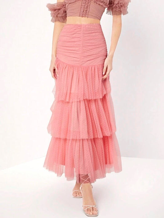 CM-BS236668 Women Elegant Seoul Style High Waisted Mesh Layers Ruffle Trim Skirt - Pink