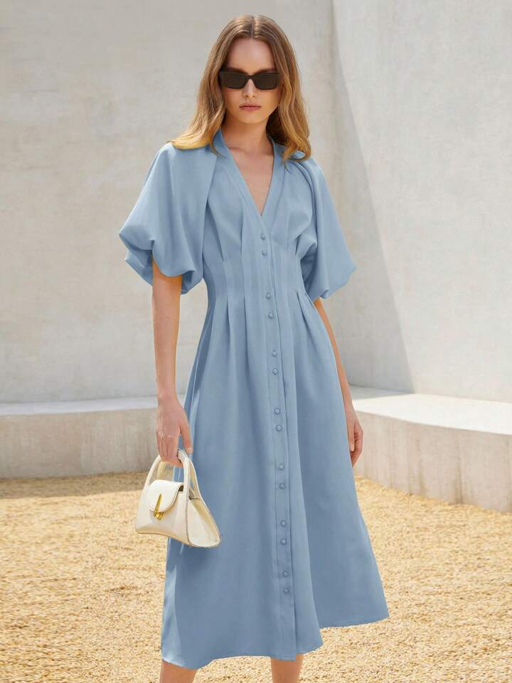 CM-DS333338 Women Elegant Seoul Style Solid Color Chiffon Cinched Waist Puff Sleeve Open Front Long Dress - Blue