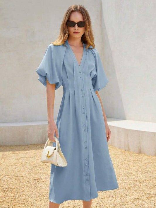 CM-DS333338 Women Elegant Seoul Style Solid Color Chiffon Cinched Waist Puff Sleeve Open Front Long Dress - Blue