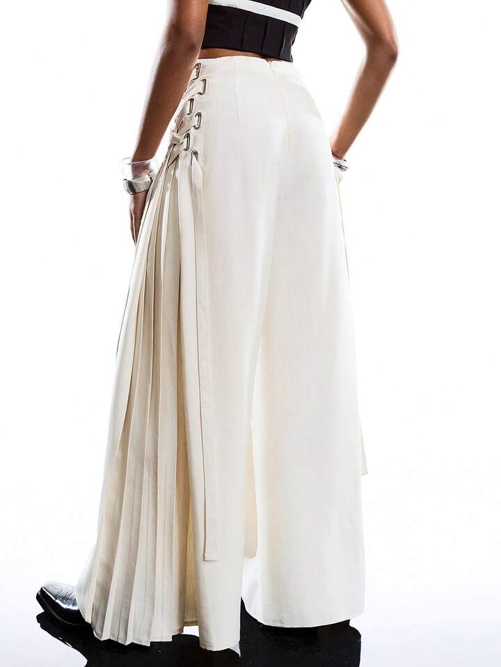 CM-BS055171 Women Casual Seoul Style Solid Color Minimalist Tie-Up Pants Dress Over Pants - Khaki