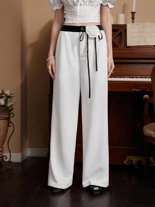 CM-BS792020 Women Elegant Seoul Style Contrasting Color 3D Floral High Waist Trousers - White