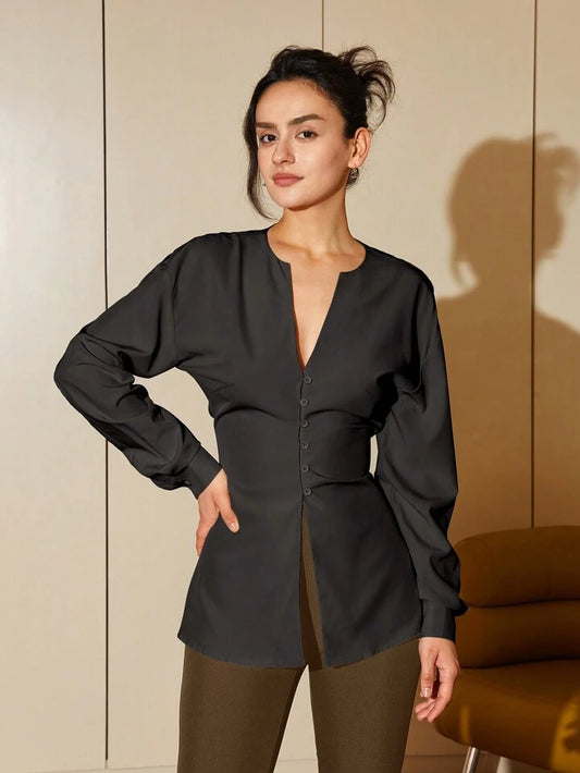 CM-TS955553 Women Elegant Seoul Style Notched Long Sleeve Slim Fit Shirt - Black