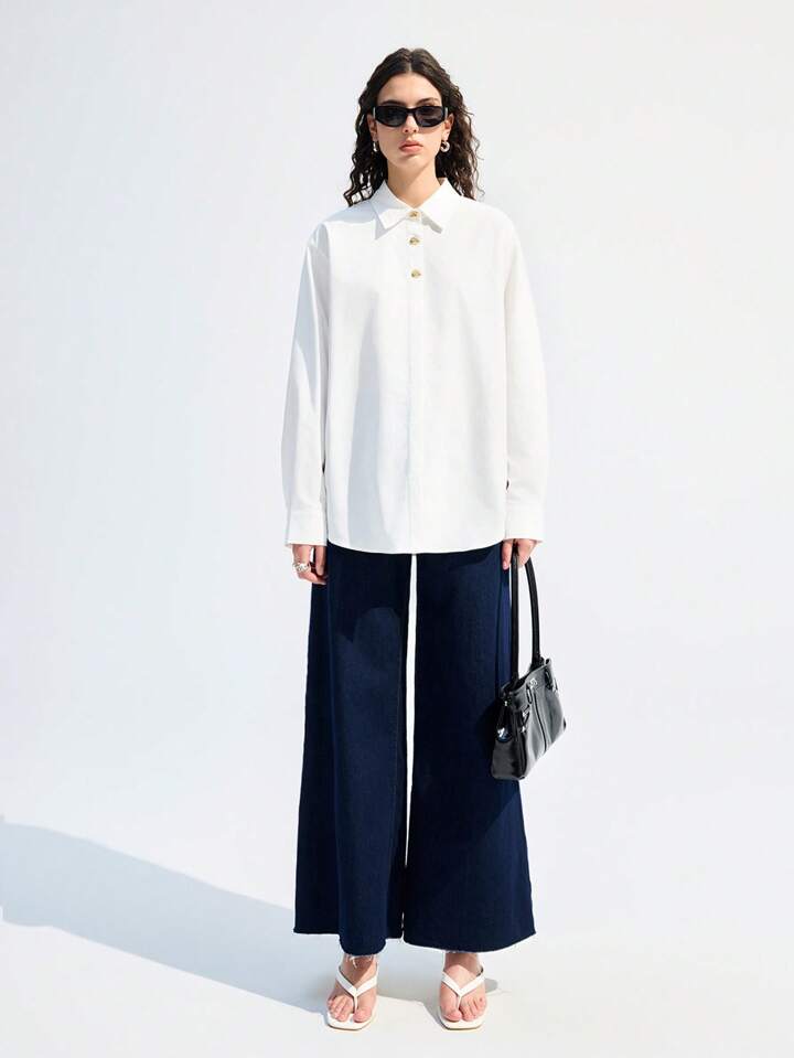 CM-TS827052 Women Casual Seoul Style Solid Collar Neckline Drop Shoulder Long Sleeve Blouse - White