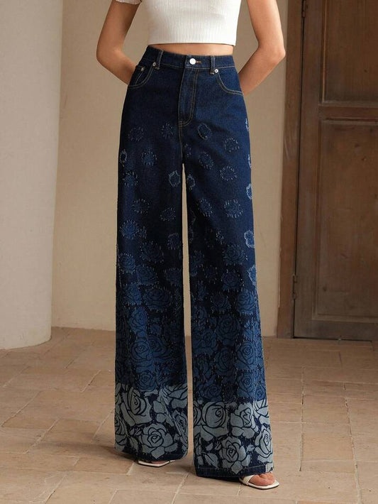 CM-BS167413 Women Casual Seoul Style Dark Wash Rose Floral Print Mid Waist Wide Leg Jeans