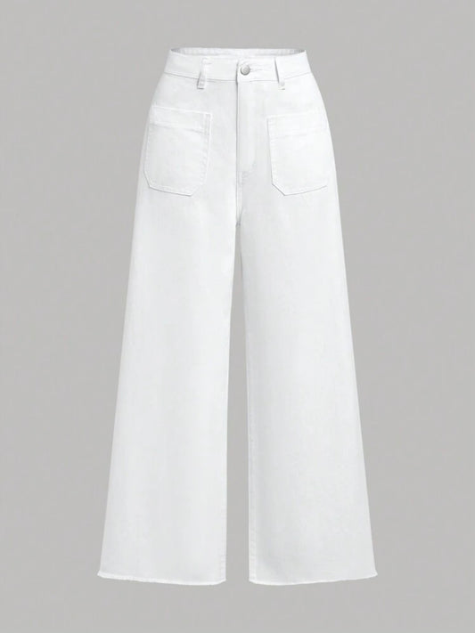 CM-BS109620 Women Casual Seoul Style Double Pockets Loose Wide Leg Mom Fit Jeans - White