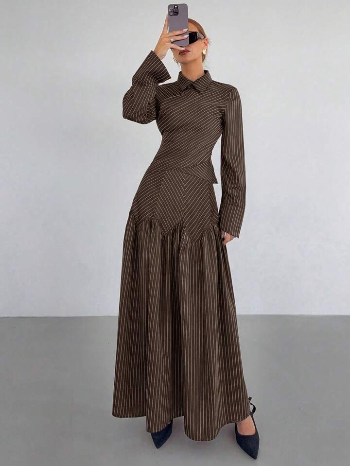 CM-SS628871 Women Elegant Seoul Style Striped Collar Neckline Long Sleeve Shirt With Pleated Maxi Skirt - Set