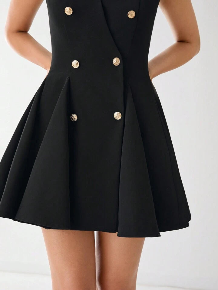 CM-DS860933 Women Elegant Seoul Style V-Neck Front Button Sleeveless A-Line Mini Dress - Black