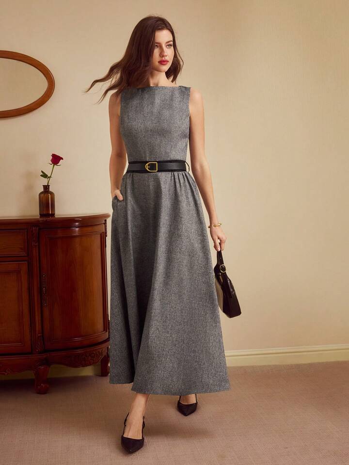 CM-DS511370 Women Elegant Seoul Style Fitted Boat Neck Sleeveless Sheath Belted Dress - Gray