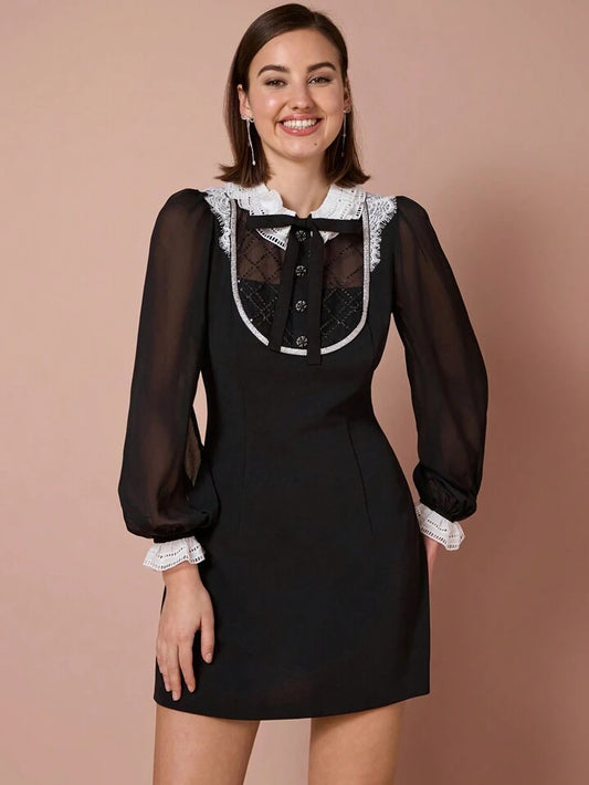 CM-DS402412 Women Elegant Seoul Style Bow Tie Gem Buttons Decor Lace Sequin Long Sleeves Mini Dress