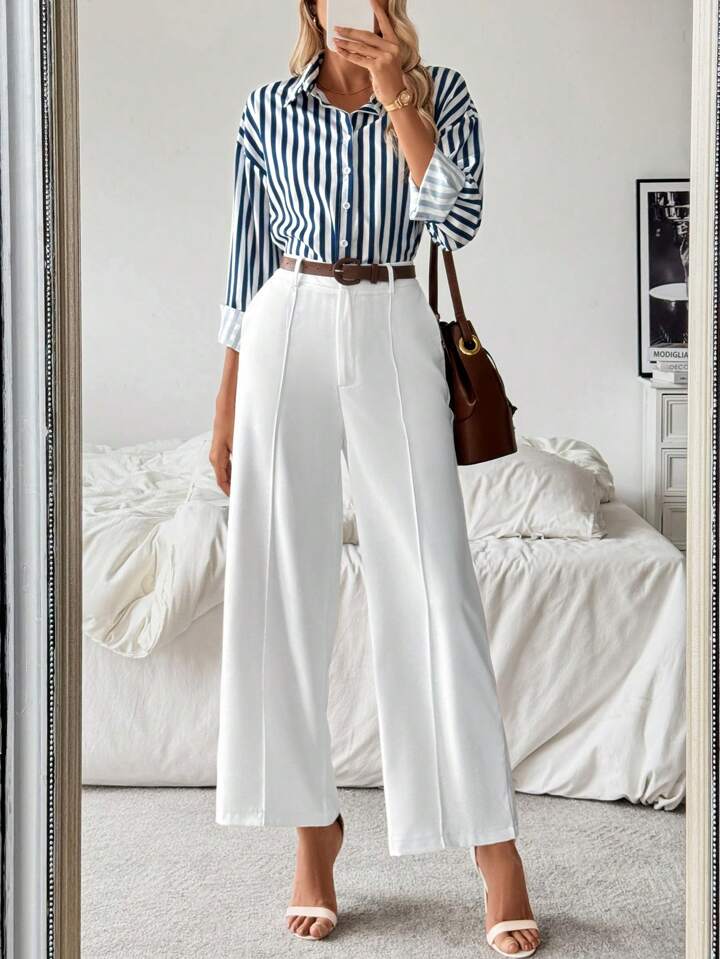 CM-SS215066 Women Casual Seoul Style Striped Collar Neckline Long Sleeve Shirt With Straight-Leg Pants - Set