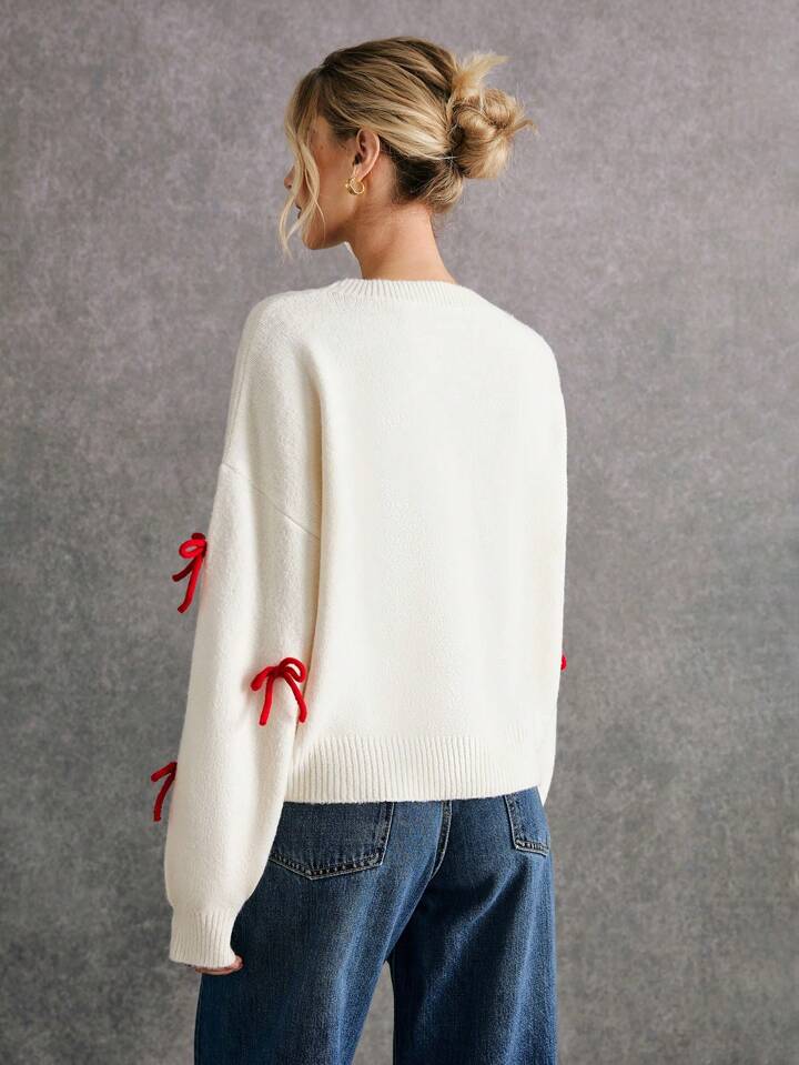 CM-CS571757 Women Casual Seoul Style Round Neck Drop Shoulder Bow Decor Sweater - Apricot