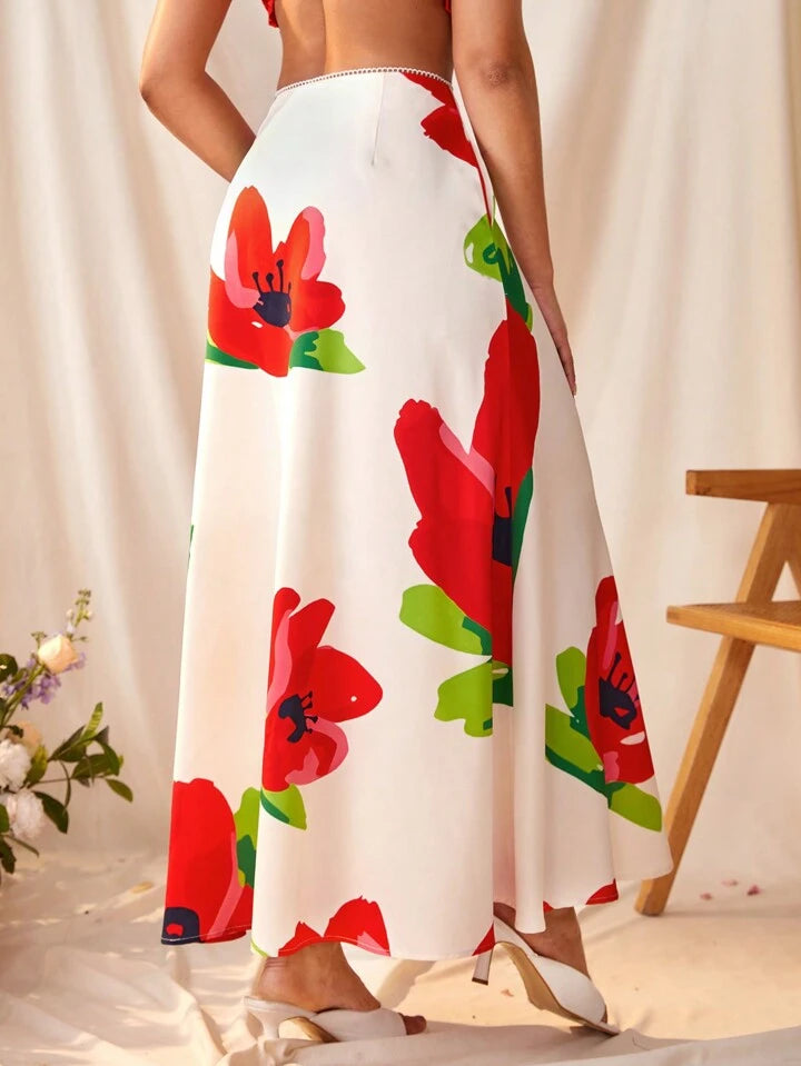 CM-BS733272 Women Trendy Bohemian Style Floral Print High Waist Pleated Maxi Skirt