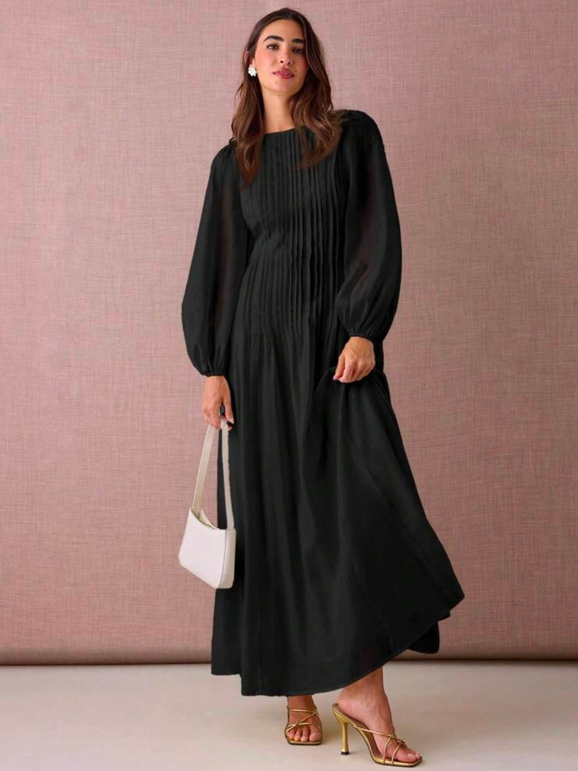 CM-DS935764 Women Elegant Seoul Style Round Neck Lantern Sleeve Pleated Design A-Line Maxi Dress - Black