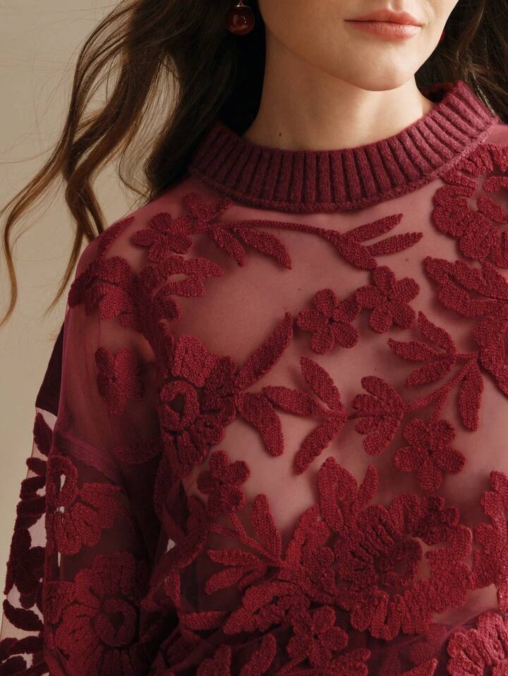 CM-CS301194 Women Casual Seoul Style Floral Pattern Round Neck Long Sleeve Knit Sweater - Burgundy