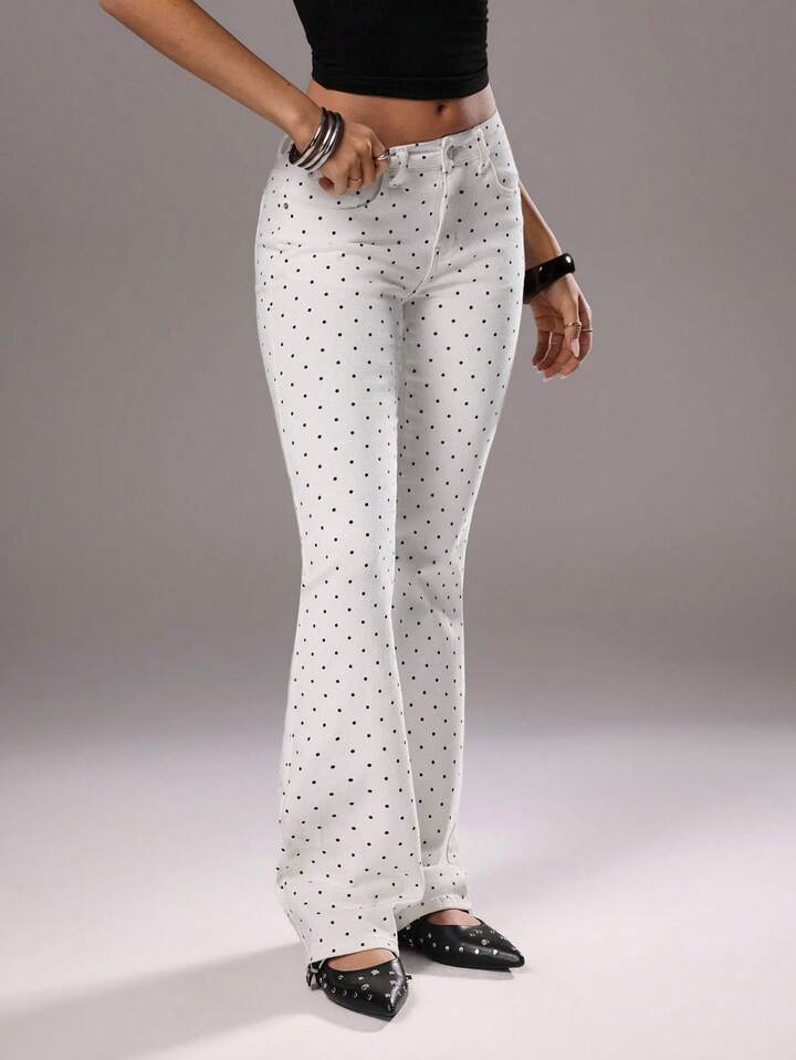 CM-BS188025 Women Casual Seoul Style Polka Dot Low Waist Flare Leg Jeans - White