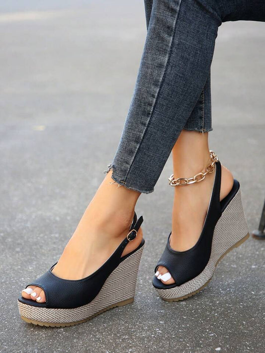 CM-SHS755042 Women Trendu Seoul Style Waterproof Platform Thick Rope Sole Peep Toe Wedge Heels - Black