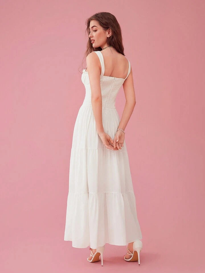 CM-DS284365 Women Elegant Seoul Style Square Collar Sleeveless Pleated Long Dress - White