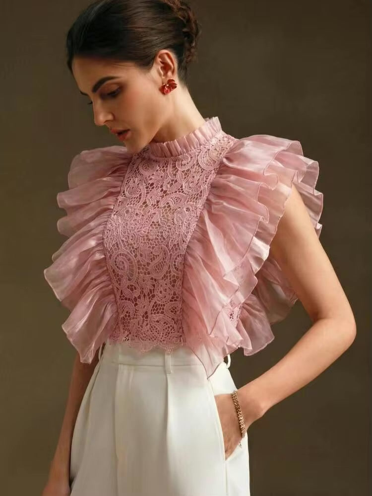 CM-TS427440 Women Elegant Seoul Style Stand Collar Sleeveless Layered Exaggerated Ruffle Blouse - Pink