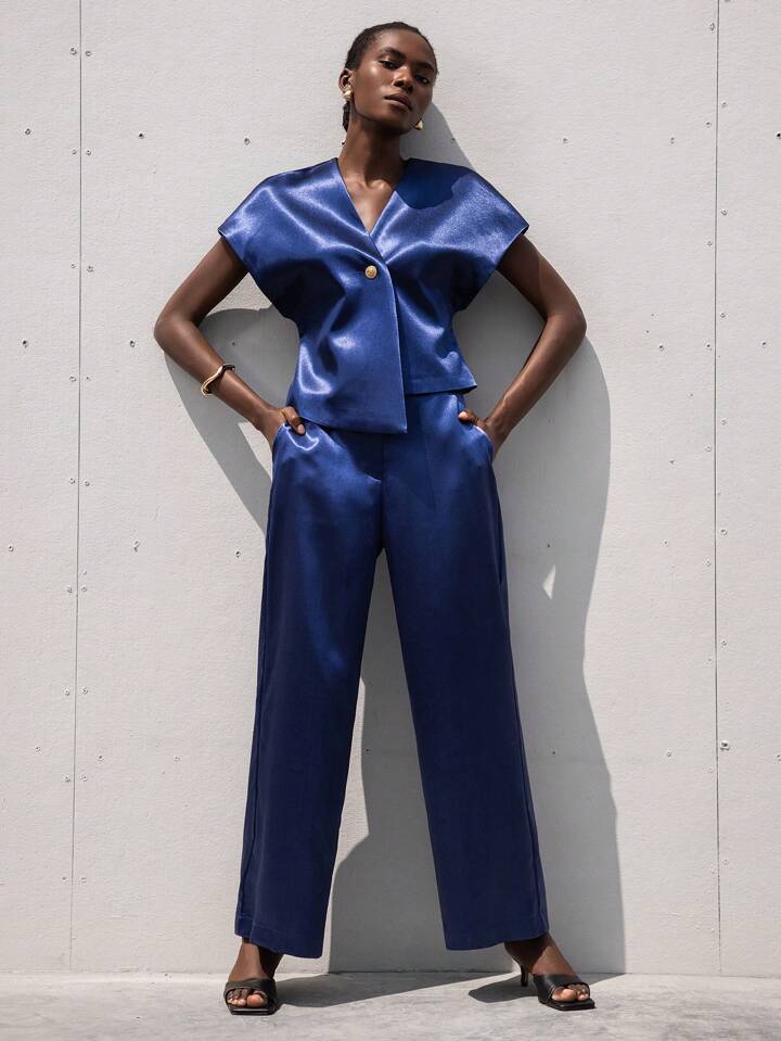 CM-SS792864 Women Elegant Seoul Style Silky Satin One-Button Short Sleeve Blouse With Straight Leg Pants - Set