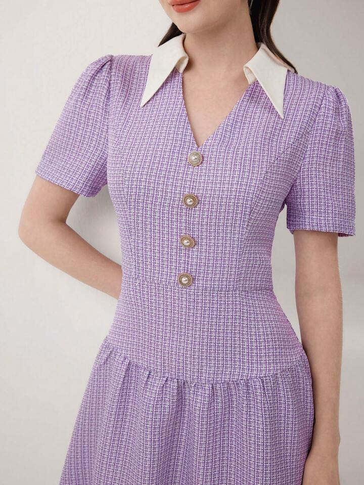 CM-DS337872 Women Casual Seoul Style Collar Neckline Short Sleeve High Waist Contrast Splice Mini Dress