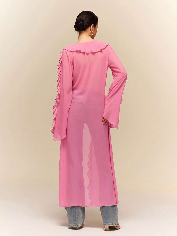CM-TS168445 Women Casual Seoul Style Ruffle Tie Neck Extra Long Sleeve Sheer Long Shirt - Pink