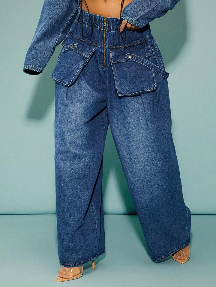 CM-BS219390 Women Casual Seoul Style Medium Wash High Waist Front Zipper Pocket Wide Leg Jeans