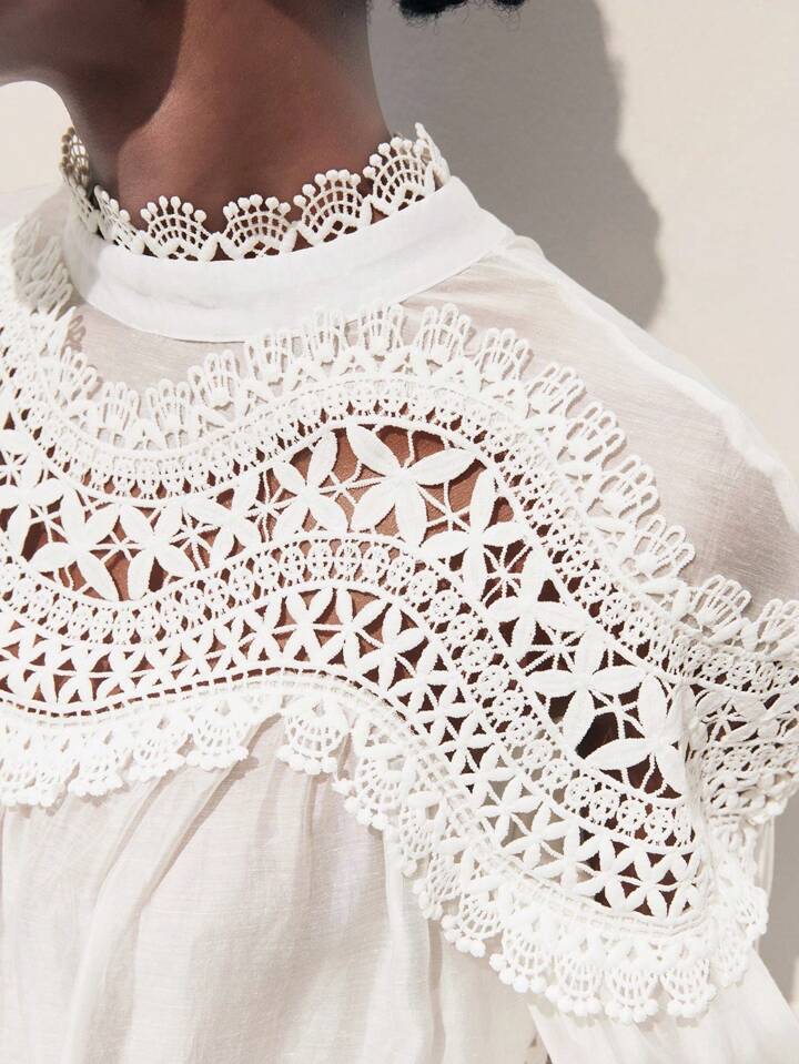 CM-TS762455 Women Trendy Bohemian Style Solid Color Stand Collar Flare Sleeve Lace Patchwork Blouse Top - White