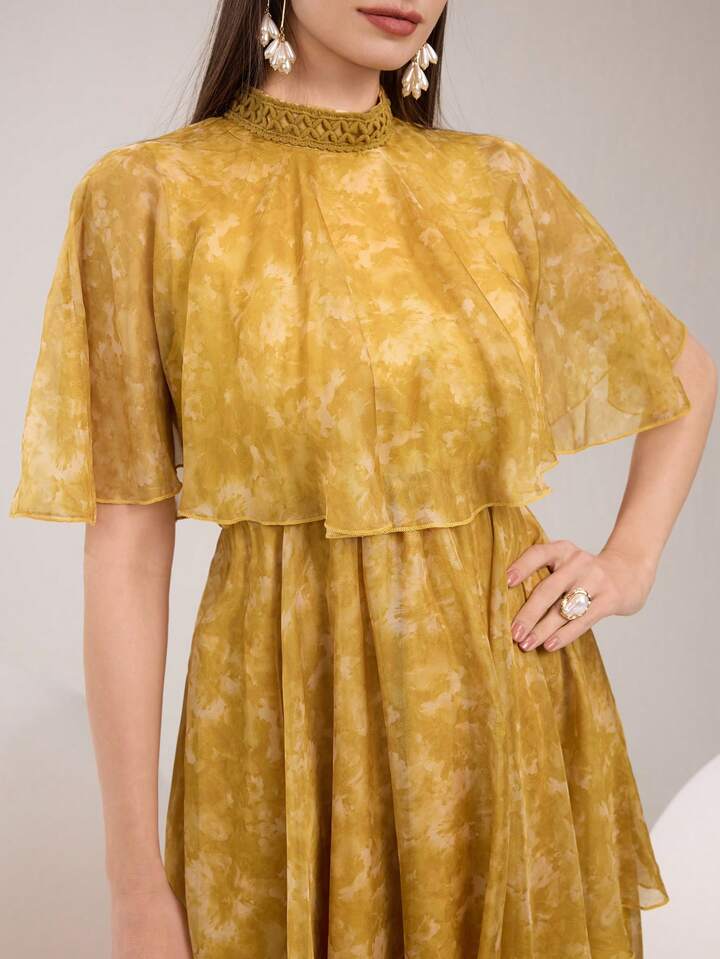 CM-DS651232 Women Elegant Seoul Style Stand Collar Flounce Sleeve Multi-Layered Mid-Length Dress - Yellow