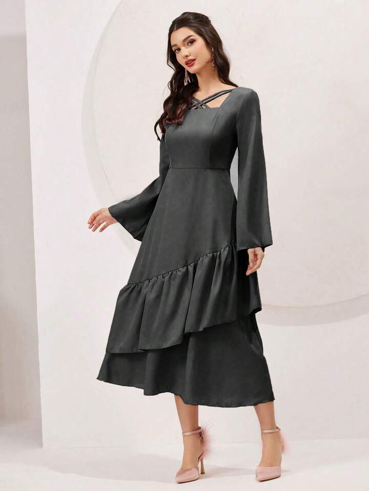 CM-DS166556 Women Elegant Seoul Style V-Neck Bell Sleeve Ruffle Hem A-Line Dress - Black