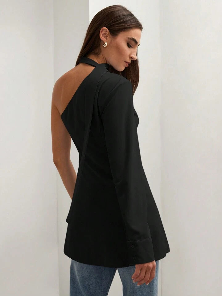 CM-TS888214 Women Casual Seoul Style Asymmetric Collar One Shoulder Long Sleeve Blouse - Black