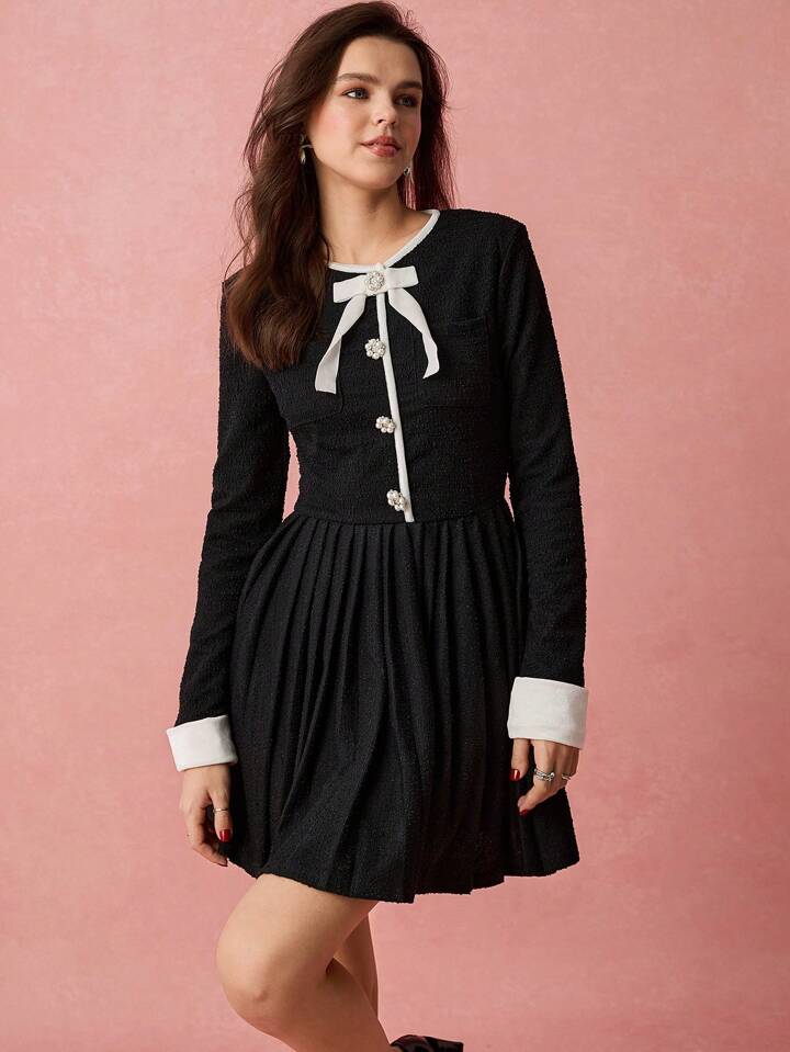 CM-DS901020 Women Elegant Seoul Style Bow Decor Round Neck Long Sleeve Pleated Hem Mini Dress - Black