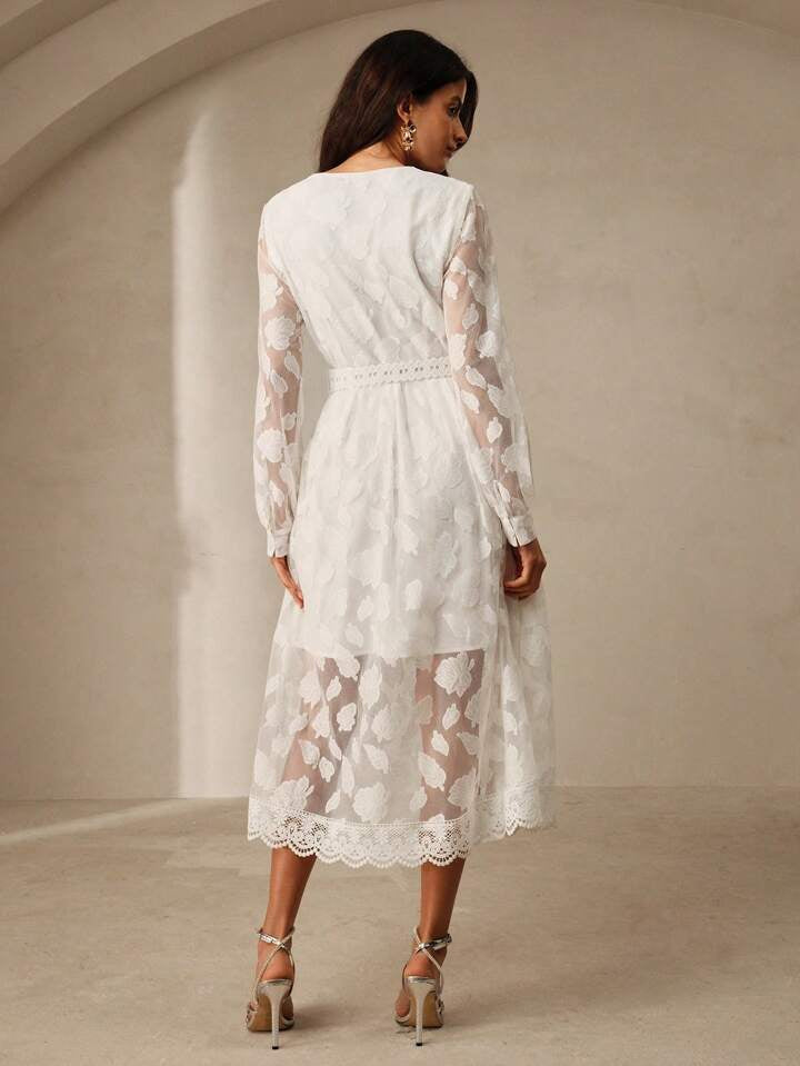 CM-DS009215 Women Elegant Seoul Style Lace Hollow Out Floral Cut V-Neck Puff Sleeve Cinched Midi Dress