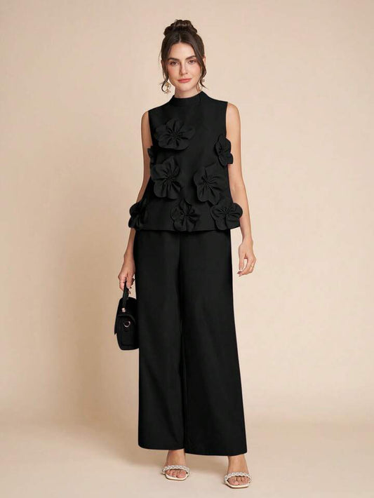 CM-SS373252 Women Elegant Seoul Style Stand Colllar Sleeveless 3D Floral Decor Top With Wide Leg Pants - Set