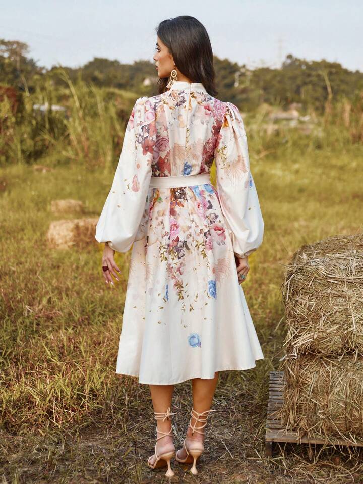 CM-DS866520 Women Trendy Bohemian Style Floral Print Long Sleeve Belted Dress