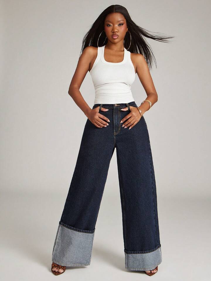 CM-BS844341 Women Casual Seoul Style Mid Rise Dark Wash High Low Asymmetric Cuffed Wide Leg Jeans
