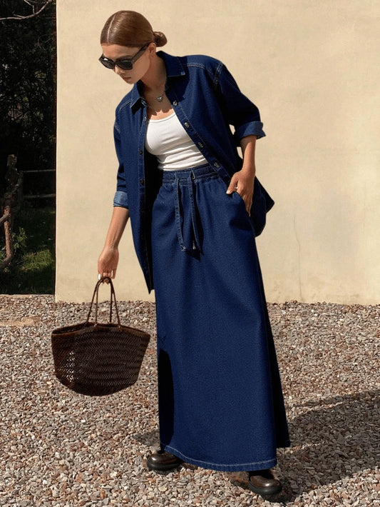 CM-SS677448 Women Casual Seoul Style Minimalist Button Front Short Sleeve Top With Denim Skirt - Set