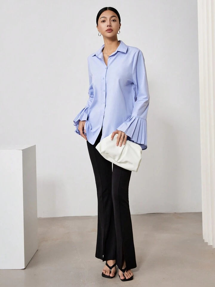 CM-TS093158 Women Casual Seoul Style Collar Neckline Asymmetrical Ruffled Cuffs Shirt - Blue
