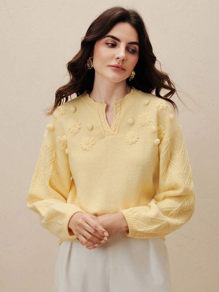CM-CS731179 Women Elegant Seoul Style Embroidered Floral Motched Neckline Loose Knit Pullover Sweater - Yellow
