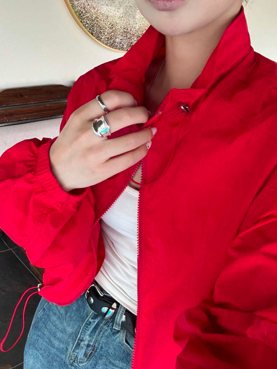 CM-CS791546 Women Casual Seoul Style Drawstring Collar Loose Fit Short Lightweight Jacket - Red
