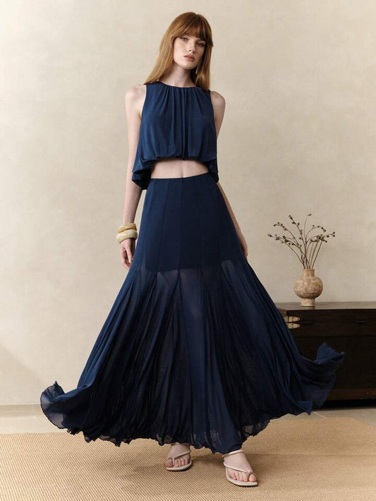 CM-SS555641 Women Trendy Bohemian Style Mesh Sleeveless Halter Neck Tank Top With Fitted Maxi Skirt - Set