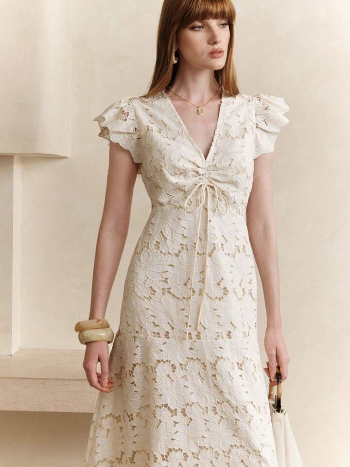 CM-DS803311 Women Elegant Seoul Style Lace Embroidered Hollow-Out V-Neck Ruched Waist Maxi Dress - Apricot