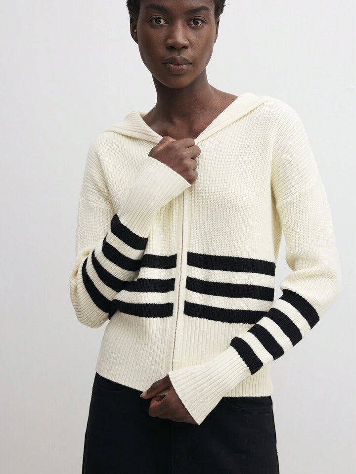 CM-CS055074 Women Casual Seoul Style Sailor Collar Long Sleeve Striped Knit Sweater