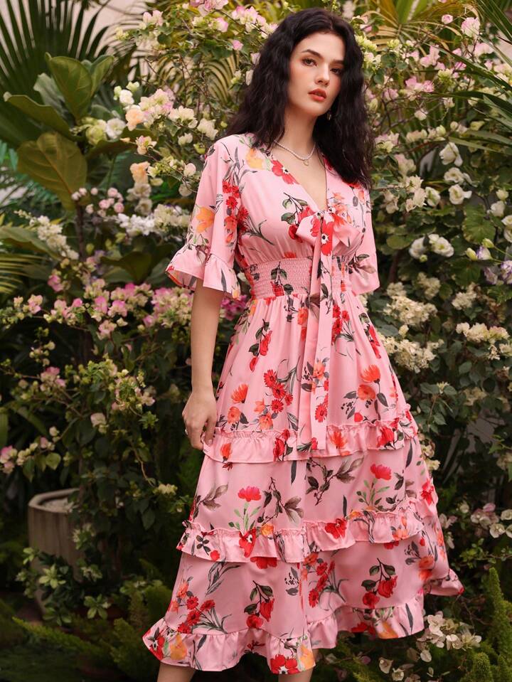 CM-DS211059 Women Trendy Bohemian Style Floral Print Ruffle Hem Shirred Cinching Waist Dress