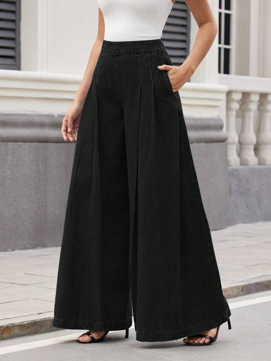 CM-BS084322 Women Casual Seoul Style High Waist Pleated Wide-Leg Jeans - Black