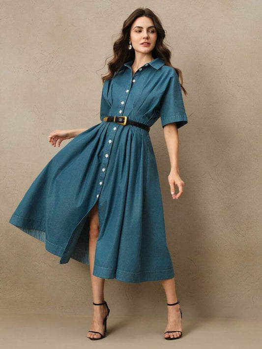 CM-DS203055 Women Elegant Seoul Style Shirt Collar Batwing Sleeve High Waist A-Line Denim Dress - Blue