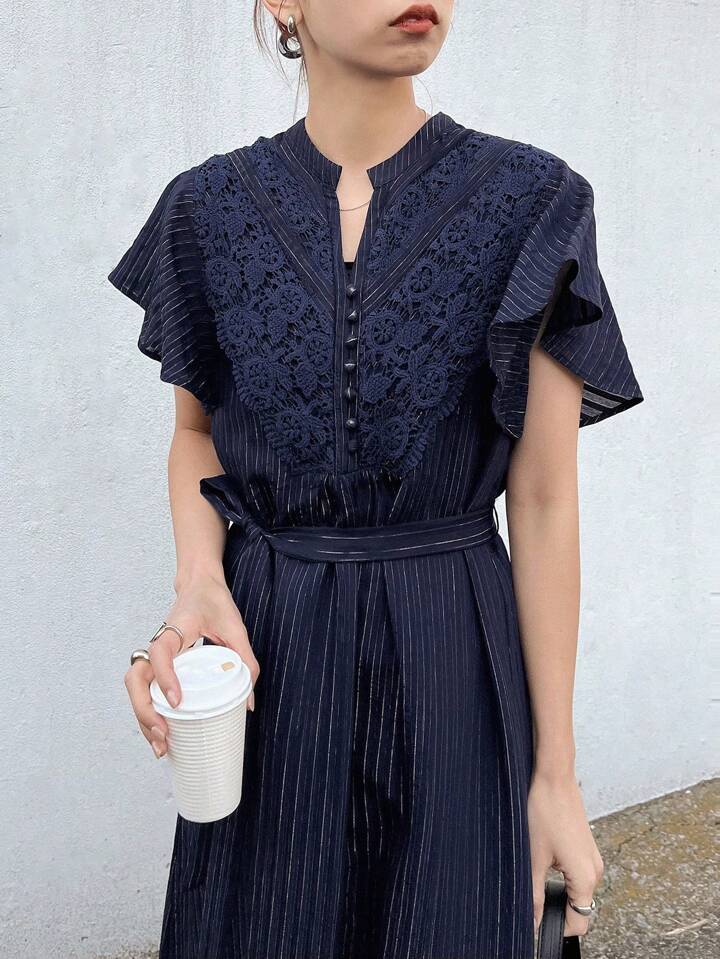 CM-DS034136 Women Elegant Seoul Style Notched Neckline Flounce Sleeve High Waist A-Line Dress - Navy Blue
