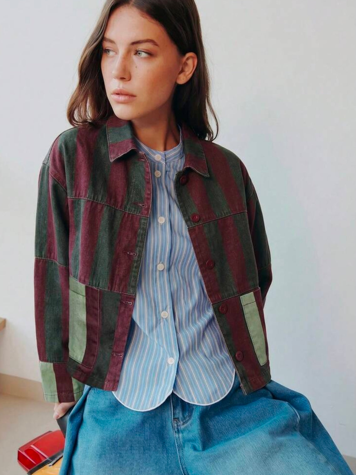 CM-CS921182 Women Elegant Seoul Style Collar Neckline Long Sleeve Striped Cropped Jacket
